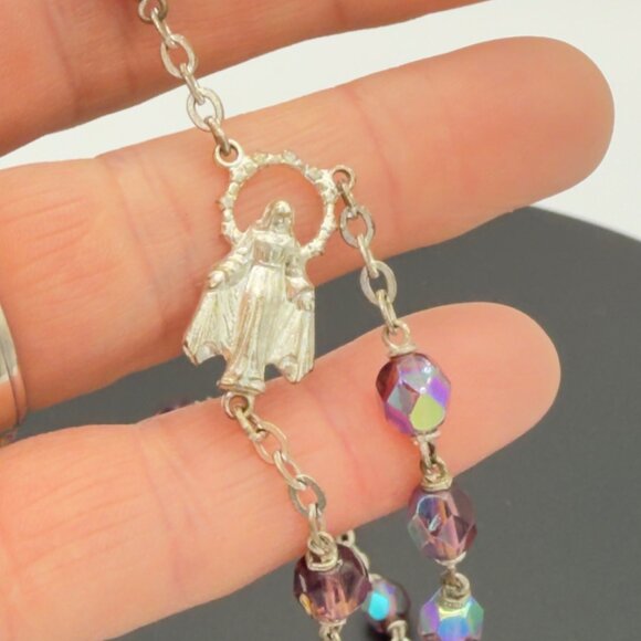 Vintage Amethyst Purple Aurora Borealis Crystal Rosary Beads Catholic Mary - Picture 7 of 12